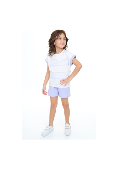 Toontoy Kids Toontoy Kız Çocuk Çizgili Kalp Nakışlı Şortlu Takım Mavi
