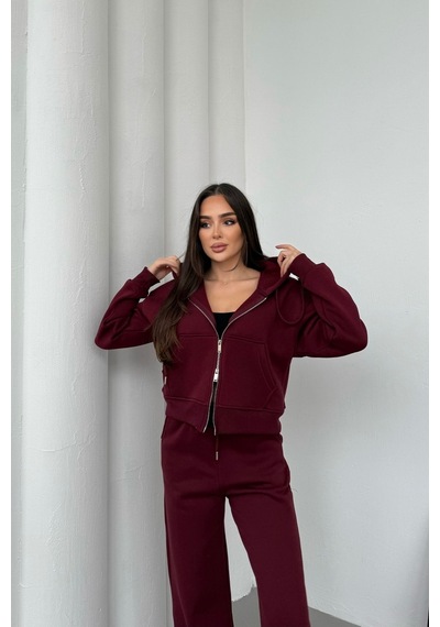 Mezka Kadın Çift Fermuar Detaylı Kapüşonlu Kışlık Şardonlu Oversize Eşofman Takımı Bordo