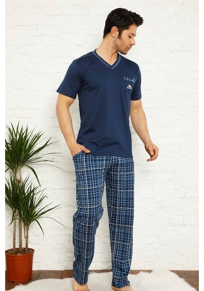 Farya Home Dreamy Ekoseli Kısa Kollu V Yaka Cepli Erkek Pijama Takımı İndıgo İndigo