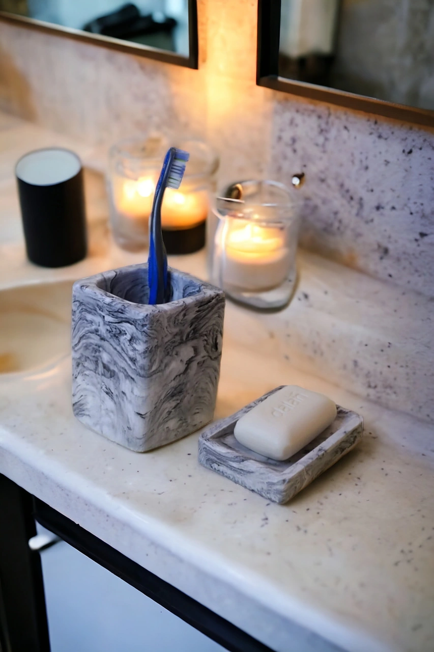 Mermer Desen Beton Banyo Seti Diş Fırçalık Sabunluk Gri