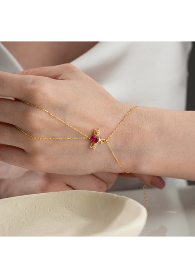 Vaoov 925 Ayar Gümüş Kırmızı Taşlı Arı Şahmeran Bileklik Gold