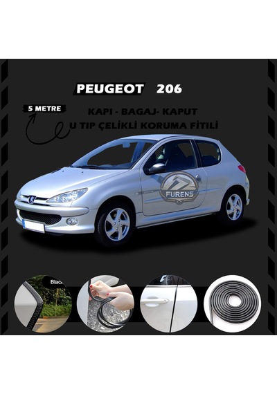 Peugeot 206 Oto Araç Kapı Koruma Fitili 5 Metre Parlak Siyah Renk