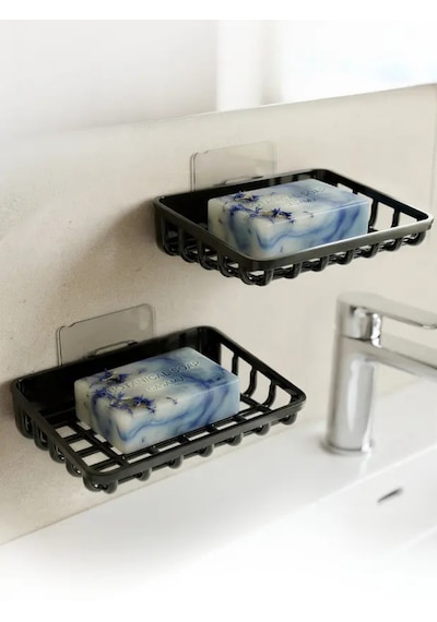 2'li Set Yapışkanlı Banyo Sabunluk, Katı Sabun Tutacağı, Lavabo Mutfak Katı Sabunluk Süngerlik Siyah