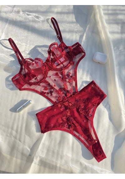 Arona Kadın Transparan Çiçek Desenli Tül Bordo Bodysuit Bordo