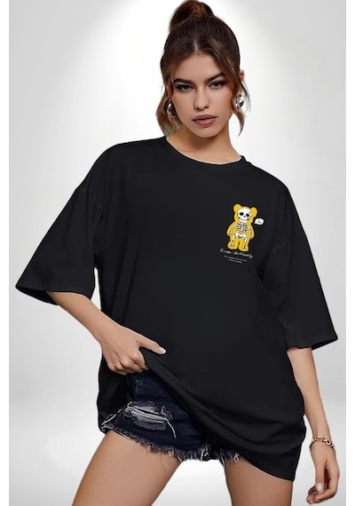 Mutlu Ol Siyah Oversize Unisex Ön Sol Yan Minimal Baskılı Tişört Koyu Siyah