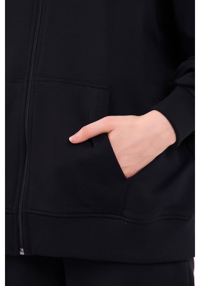 Comeor Siyah Kanguru Cepli Kapüşonlu Fermuarlı Oversize Kadın Sweatshirt 001