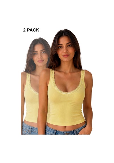 Sensu Kadın Dantel Askılı 2'li Viskon Crop Sarı