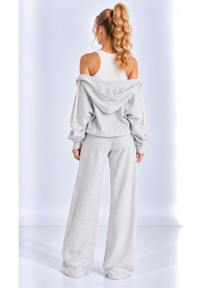 Mevese Kadın V Yaka Sweatshirt, Kolsuz Atlet Ve Yüksek Bel Wide Leg Pantolon Üçlü Spor Şık Takım- Gri Melan Gri Melanj