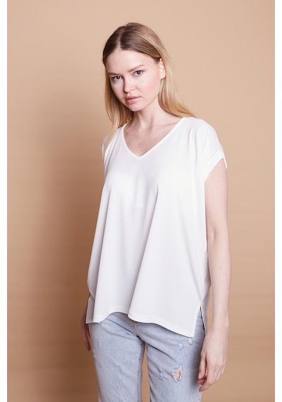 Jument Likralı Krep Kumaş V Yaka Salaş Yanı Yırtmaçlı Oversize Bluz-krem Krem