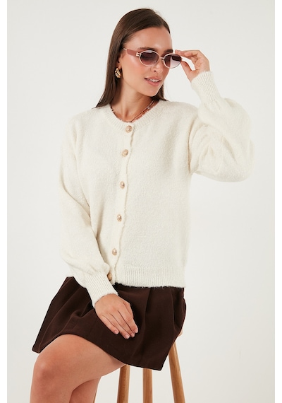Lela Premium Regular Fit Bisiklet Yaka Yumuşak Dokulu Bayan Hırka 680Hi00147 Ekru