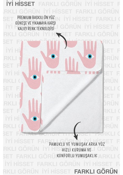 Nazar Boncuğu El Temalı Plaj Havlu Örtüsu - Bohem Pembe Beyaz Hızlı Kuruyan Mikrofiber Havlu Örtü Kumlu Çayı