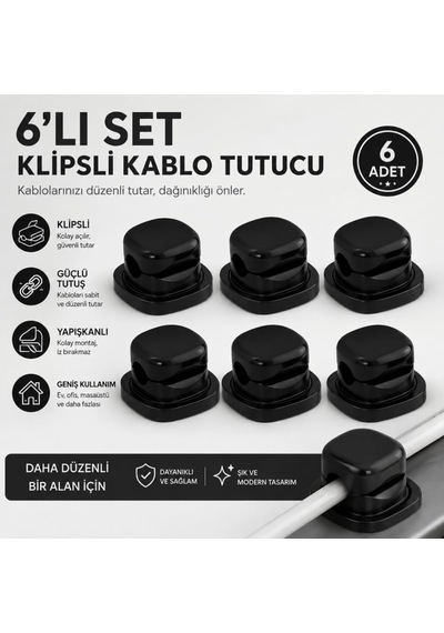6'li Yapışkanlı Kablo Tutucu Klips Masaüstü Kablo Düzenleyici Şarj Kablosu Sabitleyici