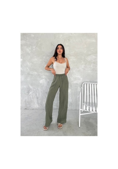Gugus Trend Kadın Beli Lastikli Bol Paça Wide Lige Eskitme Keten Pantolon Haki