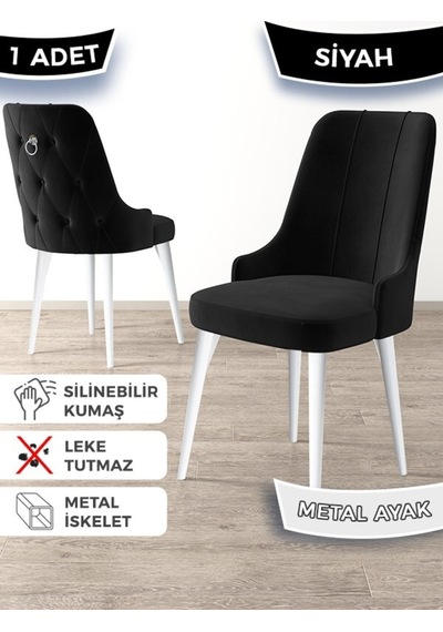 Canisa Newa Serisi, 1.sınıf Babyface Kumaş Beyaz Metal Ayaklı Gümüş Halkalı, 4 Adet Siyah Sandalye Sandalye Siyah Ayaklar Beyaz