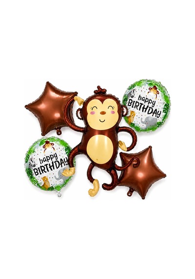 5 Li Maymun Temalı Happy Birthday Folyo Balon Seti Safari Ve Orman Konseptli Parti Süsü Çok Renkli