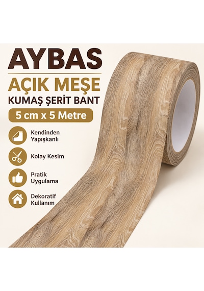 Aybas 5 Cm X 5 Metre Açık Meşe Ahşap Desenli Kumaş Yapışkan Bant Mobilya Kaplama Ve Tamir Şeridi 5 Cm X 5 Metre - Açık Meşe