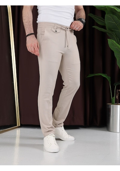 Ütü Gerektirmeyen Gofre Kumaş Jogger Pantolon Krem
