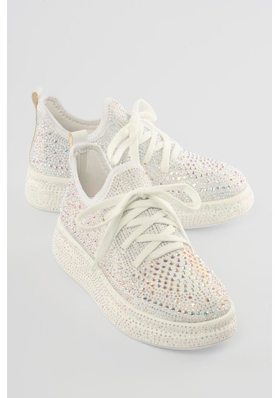 Mubiano Kadın Sneaker Taş Detaylı Kalın Tabanlı Diamond Beyaz Beyaz