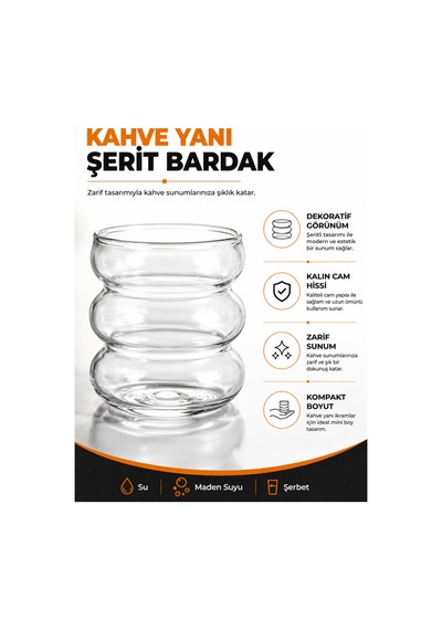 6'lı Cam Kahve Yanı Şerit Bardak Su, Maden Suyu Ve Şerbet Sunum Bardağı Şaffaf