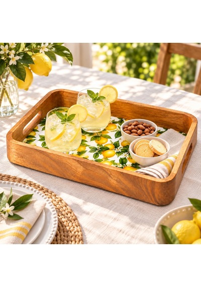 Mango Ağacı Dikdörtgen Servis Tepsisi, 33 X 22 X 4,70 Cm Limon Desenli Ahşap Sunum Tepsisi, Yüksek Kenarlı Kahvalt