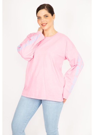 Şans Kadın Bej Büyük Beden Kol Baskılı Sweatshirt-pembe Pembe