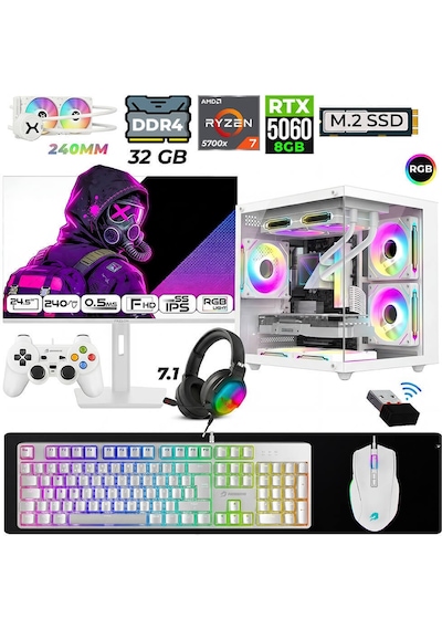 Xaser Moon Cube X10 R7-5700X 32 GB 1 TB M.2 Nvme SSD 8 GB RTX5060 24.5" Free Dos Masaüstü Oyuncu Bilgisayarı