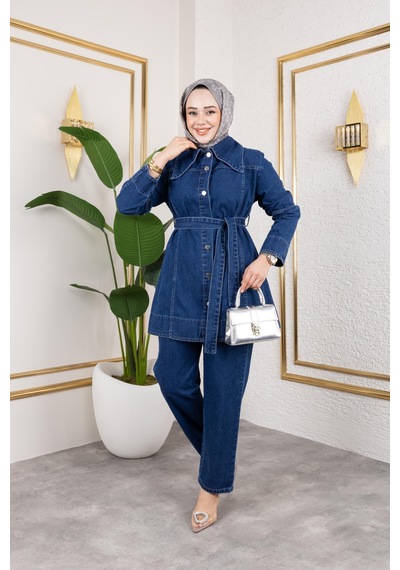 Harman Butik Kadın Düğmeli Kuşaklı 2li Kot Takım Lacivert