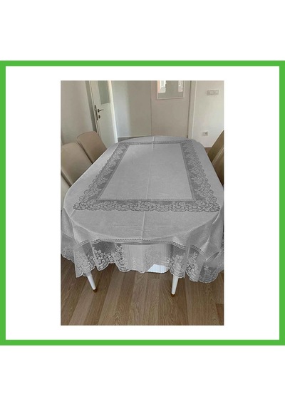 Vaveni Desenli Dertsiz Leke Tutmaz Dantelli Masa Örtüsü, Çini Desen Masa Örtüsü - Gri Arz