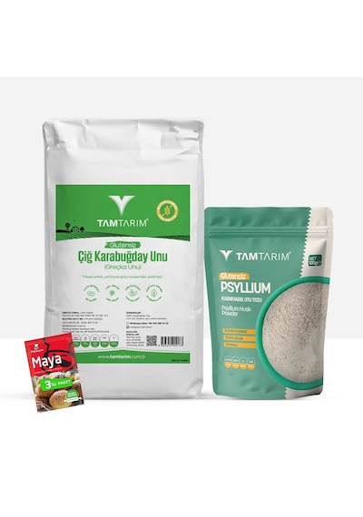 Tam Tarım Glutensiz Çiğ Karabuğday Unu 5 KG + Psyllium Karnıyarık Otu Tozu 100 G + Kuru Maya 3 x 10 G