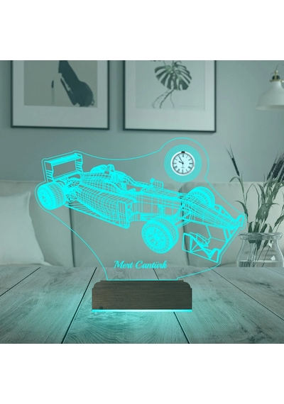 Luvivia Formula 1 F1 Yarış Arabası Kişiye Özel Metal Saatli 3d Lamba - Masa Gece Lambası Şeffaf