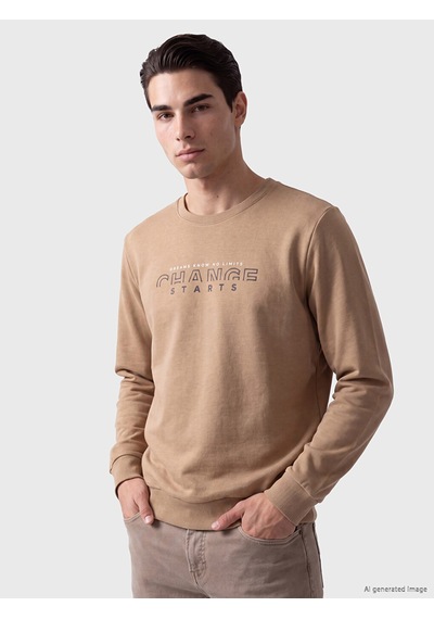 Lcwaıkıkı Classic Bej Bisiklet Yaka Baskılı Sweatshirt