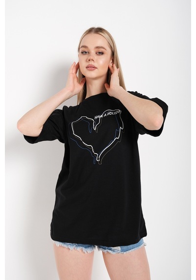 Flood Of Style Kadın Çizgili Figür Kalp Siyah T-shirt Have A Holiday Baskılı