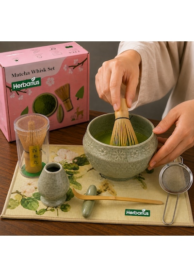 Herbarius 8 Parça Çiçek Desenli Benekli Adaçayı Yeşili Renk Matcha Çayı Hazırlama Seti - Geleneksel Japon Matcha Seti