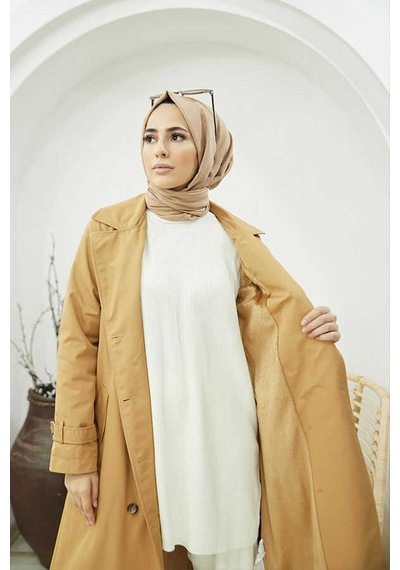 Neways 6572 Kadın Tesettür Kürklü Trençkot Camel