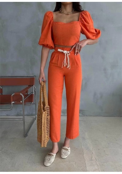 Defymoda Keten Crop Karpuz Kol Bluz-pantolon Hasır Kemerli - Orange Orange Turuncu