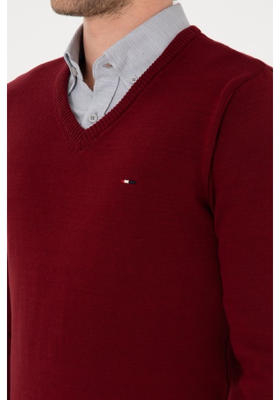 U.S. Polo Assn. Erkek Slim Fit V Yaka Bordo Basic Kazak 50313668-VR014