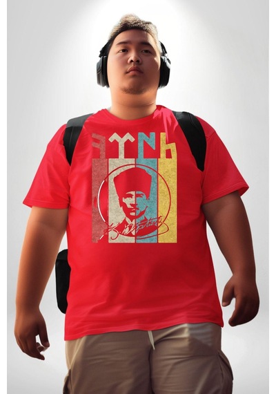 Angemiel Atatürk İmzalı Türk Logo Kırmızı Büyük Beden Erkek Kadın Unisex Basic Ön Baskılı Tişört Kırmızı