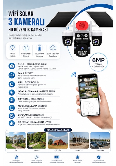 Linadex Lx-0991 Wifi Solar 3 Kameralı Hd Güvenlik Kamerası-çift Solar