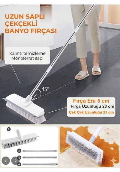 360 Derece Döner Başlıklı Sert Kıllı Zemin Fırçası Çekçekli Halı Fayans Banyo Temizleme Beyaz
