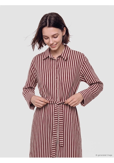 Lcw Modest Bordo Beli Kuşaklı Çizgili Gömlek Elbise