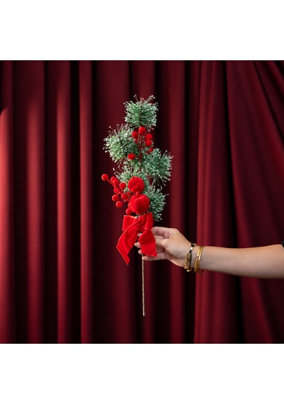 Yılbaşı Süsü İğne Çam Dalı Kadife Fiyonklu Flok Berry Ve Narlı 50 Cm
