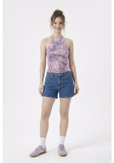 Neden Tekstil Kadın Fitilli Çizgi Baskılı Halter Yaka Crop Bluz - Pembe-lila
