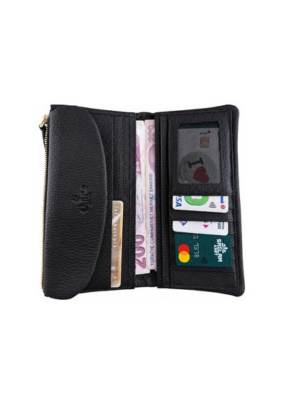 Alphaclub Bag Kadın Hakiki Deri Siyah Çok Bölmeli Fermuarlı Uzun Cüzdan