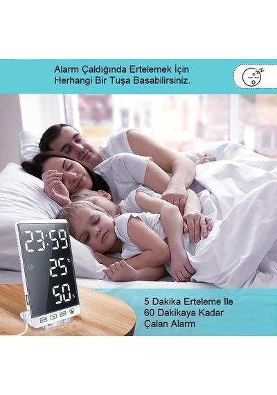 Upway 6 İnç Dijital Aynalı Led Ekran Masa Saati Alarm Sıcaklık Nem Usb Diğer