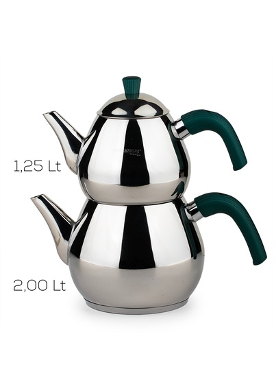 Porsima 1029-2 Damla Bakalit Kulp Orta Boy Paslanmaz Çelik Çaydanlık Takımı - Yeşil - 1.25-2.00lt