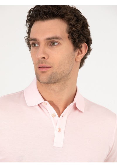Pembe Polo Yaka Slim Fit Basic Merserize T-shirt