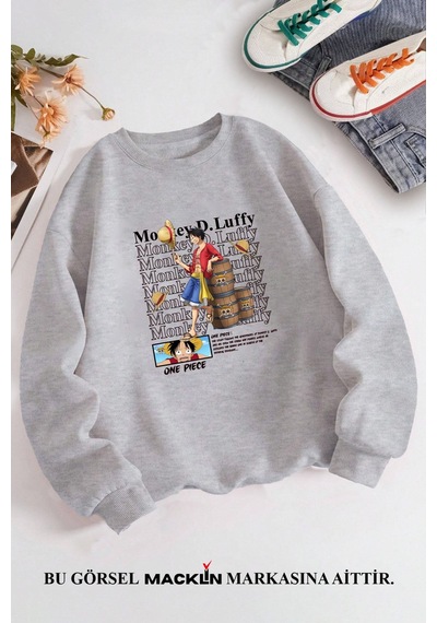 Macklin Unisex Kadın Erkek Monkey D Luffy Anime Özel Tasarım Baskılı Bisiklet Yaka Sweatshirt Gri Mck1348 Gri