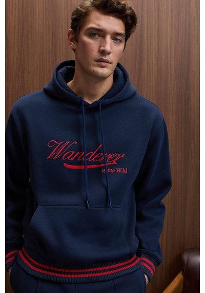 Grimelange Phantoseas Erkek Kapüşonlu Önü Nakışlı Etek Ve Kol Triko Detaylı Lacivert Sweatshirt Lacivert