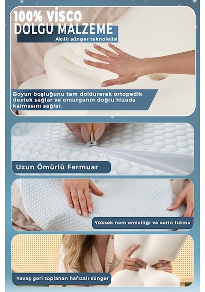 Nova Ice Serinletici Kılıflı Visco Soğuk Yastık Ortopedik Boyun Destekli Memory Foam Ergonomik Yastık 62x42x13/10cm Beyaz
