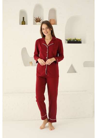 Siyah İnci Kadın Pamuklu Düğmeli Biyeli Pijama Takımı Koyu Bordo